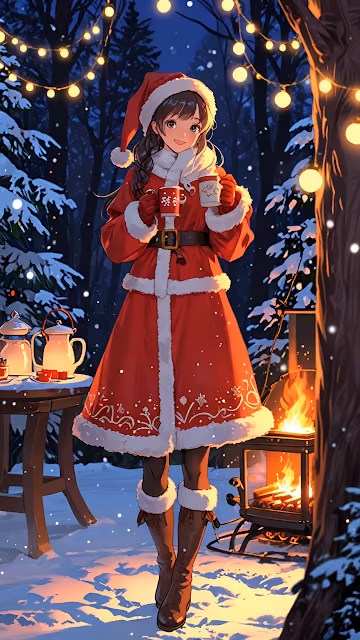Girl in Santa coat smiles with hot cocoa in snowy forest - Free 4K & 8K Mobile Wallpaper