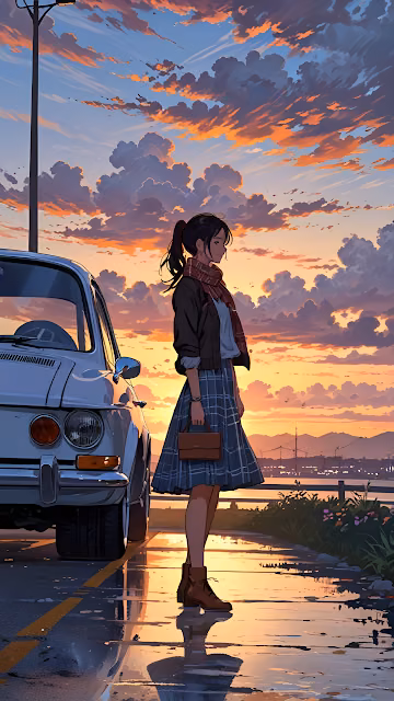 Girl Standing by Vintage Car Under Sunset Sky - Free 4K & 8K Mobile Wallpaper