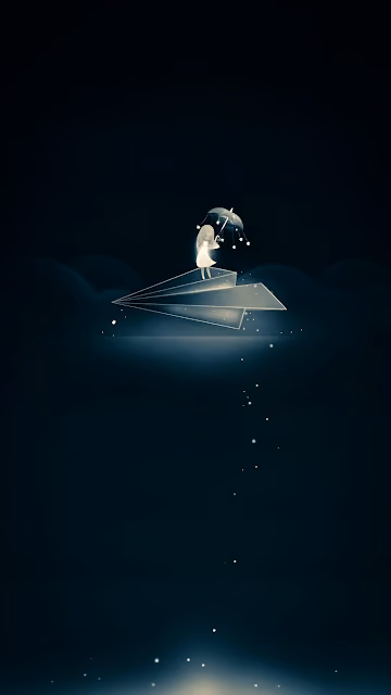 Girl with Umbrella Riding a Glowing Paper Airplane in Night Sky - Free 4K & 8K Mobile Wallpaper