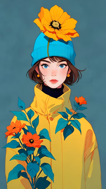 Girl in Yellow Jacket with Flower on Blue Beanie - Free 4K & 8K Mobile Wallpaper