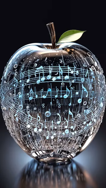 Glass Apple with Glowing Blue Music Notes - Free 4K & 8K Mobile Wallpaper