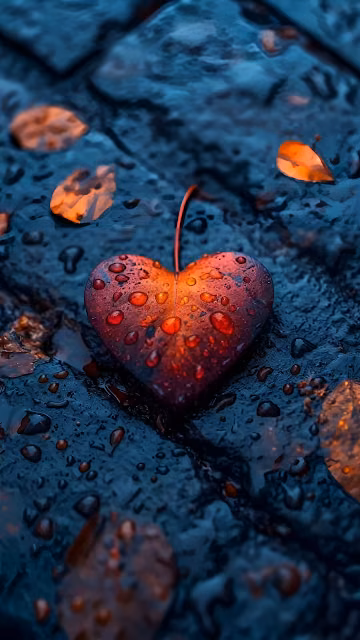 Glistening Heart-Shaped Leaf on Wet Stone at Dusk - Free 4K & 8K Mobile Wallpaper
