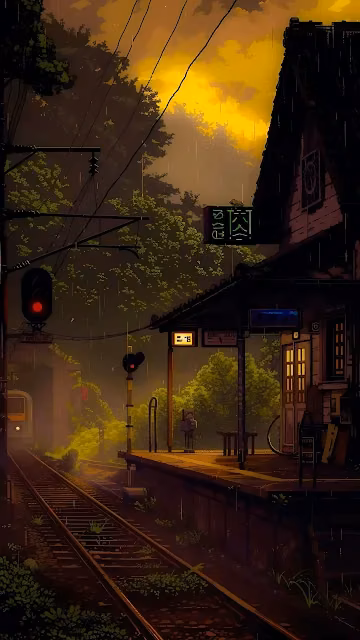 Gloomy Anime Train Station Sunset Pixel Art - Free 4K & 8K Mobile Wallpaper