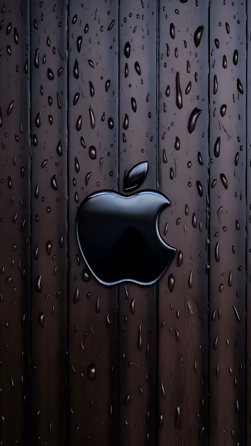 Glossy Apple Logo Raindrops Dark Wood Planks Texture - Free 4K & 8K Mobile Wallpaper