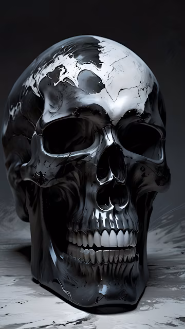 Glossy Black Skull Sculpture with White World Map Detail - Free 4K & 8K Mobile Wallpaper
