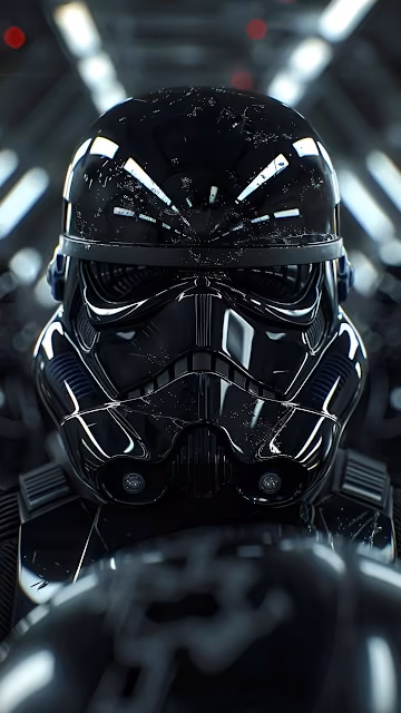 Glossy Black Stormtrooper Helmet in Sci-Fi Corridor - Free 4K & 8K Mobile Wallpaper