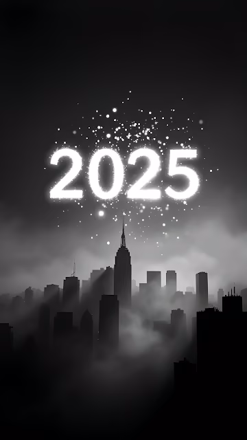 Glowing 2025 Over Misty City Skyline in Monochrome - Free 4K & 8K Mobile Wallpaper