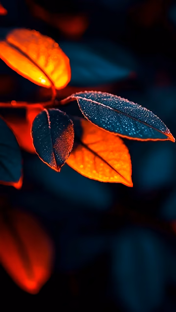 Glowing Autumn Leaves with Dew Drops in Dark Light - Free 4K & 8K Mobile Wallpaper