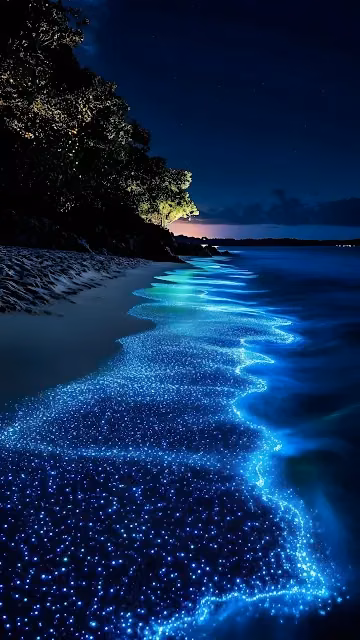 Glowing Blue Bioluminescent Waves on Dark Beach Shoreline - Free 4K & 8K Mobile Wallpaper