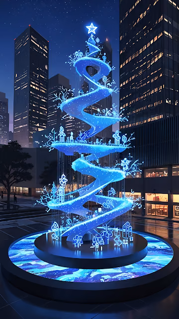 Glowing Blue Holographic Christmas Tree in City at Night - Free 4K & 8K Mobile Wallpaper