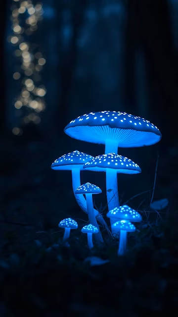 Glowing Blue Mushrooms in Dark Forest Night - Free 4K & 8K Mobile Wallpaper