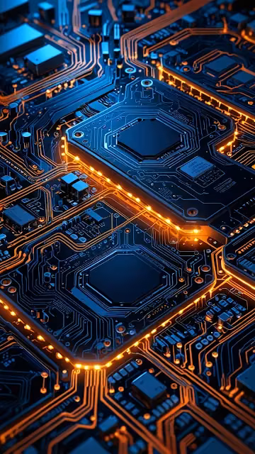 Glowing circuit board with blue and orange illuminated pathways - Free 4K & 8K Mobile Wallpaper
