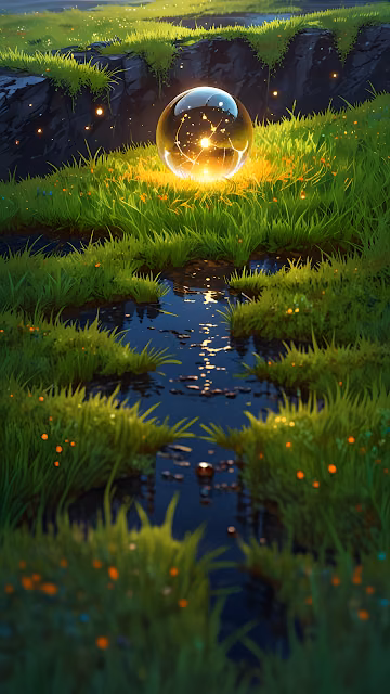 Glowing Crystal Orb Resting on Mossy Grass Beside Stream - Free 4K & 8K Mobile Wallpaper