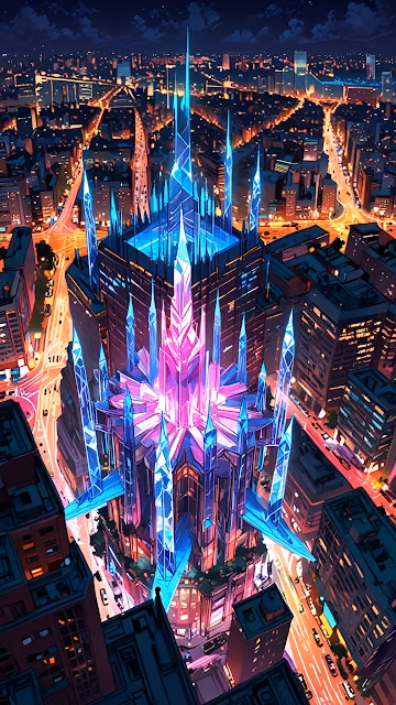 Glowing crystal tower pierces neon city skyline at night - Free 4K & 8K Mobile Wallpaper