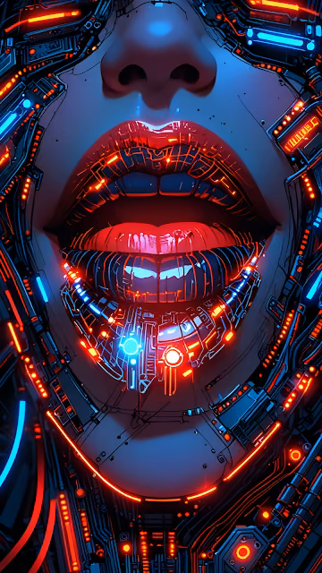 Glowing Cybernetic Lips with Neon Circuitry Patterns - Free 4K & 8K Mobile Wallpaper