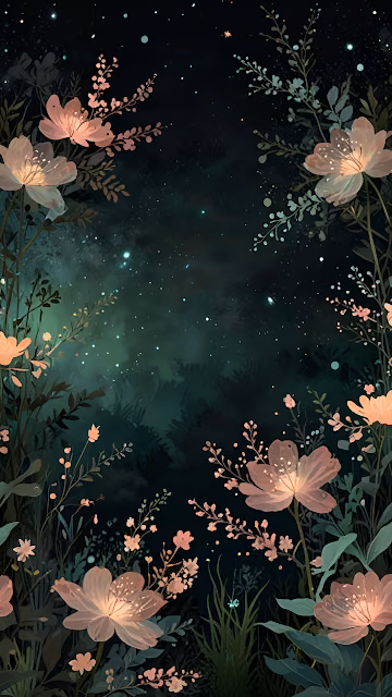 Glowing Flowers Framing Starry Night Sky in Forest - Free 4K & 8K Mobile Wallpaper
