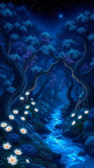 Glowing Flowers in Mystical Blue Forest Stream at Night - Free 4K & 8K Mobile Wallpaper