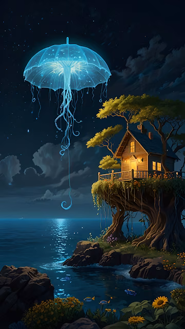 Glowing Jellyfish Umbrella Over Treehouse by Ocean - Free 4K & 8K Mobile Wallpaper