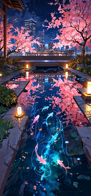 Glowing Koi Pond Under Cherry Blossoms at Night - Free 4K & 8K Mobile Wallpaper