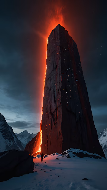 Glowing Lava Monolith in Snowy Mountain Landscape - Free 4K & 8K Mobile Wallpaper