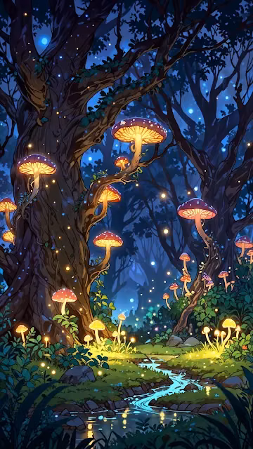 Glowing Mushrooms in Enchanted Night Forest - Free 4K & 8K Mobile Wallpaper