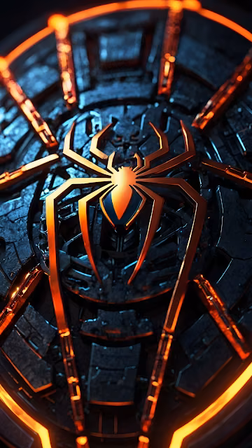 Glowing orange spider emblem on dark mechanical surface - Free 4K & 8K Mobile Wallpaper