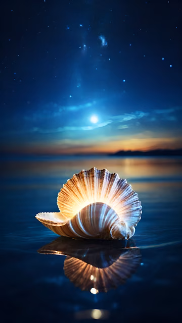 Glowing seashell rests on water under starry night sky - Free 4K & 8K Mobile Wallpaper