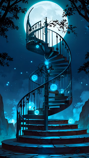 Glowing Spiral Staircase Under Full Moon in Night Forest - Free 4K & 8K Mobile Wallpaper