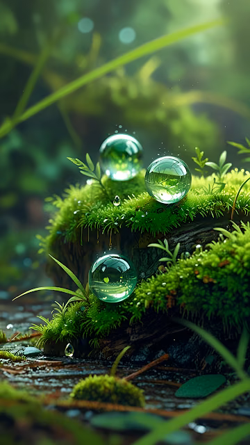 Glowing Water Droplets on Mossy Forest Floor - Free 4K & 8K Mobile Wallpaper