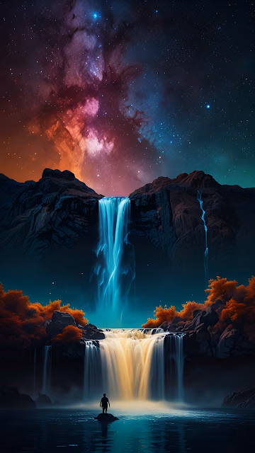 Glowing Waterfall Under Cosmic Galaxy Sky - Free 4K & 8K Mobile Wallpaper