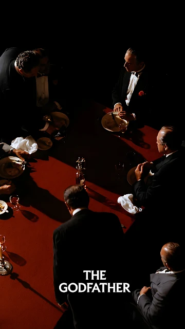 Overhead view of mafia figures in tuxedos seated around a red table under dramatic lighting with The Godfather logo. High-angle view of men in tuxedos seated around a red dining table in dark shadow with The Godfather text.