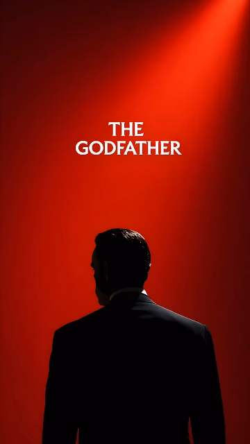 Silhouette of a man in a black suit viewed from behind on a crimson red background with The Godfather text.