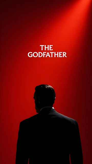Silhouette of a man in a dark suit centered against a red background under spotlight with The Godfather title text. Silhouette of a man in a black suit viewed from behind on a crimson red background with The Godfather text.