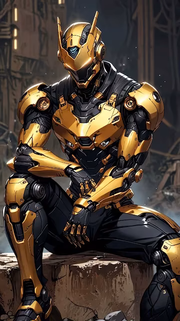 Golden armored robot sits poised in futuristic industrial setting - Free 4K & 8K Mobile Wallpaper