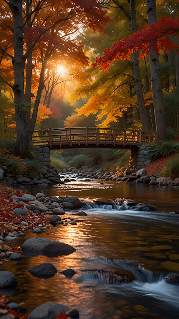 Golden Autumn Forest Stream Wooden Bridge Sunlight - Free 4K & 8K Mobile Wallpaper