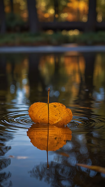 Golden Autumn Leaf Floating on Calm Water - Free 4K & 8K Mobile Wallpaper