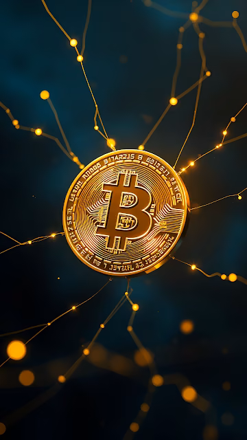 Golden Bitcoin Coin Radiating Network Connections - Free 4K & 8K Mobile Wallpaper