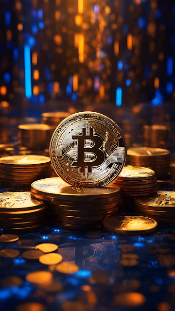 Golden Bitcoin Coins Stacked on Digital Background - Free 4K & 8K Mobile Wallpaper