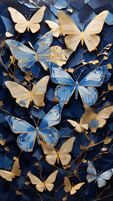 Golden and Blue Butterflies on Dark Geometric Background - Free 4K & 8K Mobile Wallpaper