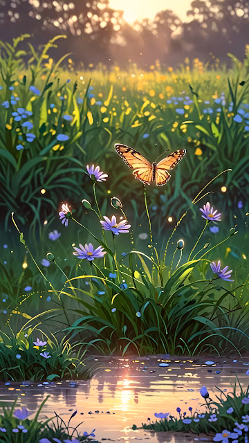 Golden Butterfly Meadow Wildflowers Sunlight Reflection - Free 4K & 8K Mobile Wallpaper