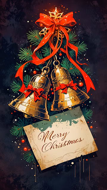 Golden Christmas Bells with Red Ribbon and Merry Note - Free 4K & 8K Mobile Wallpaper