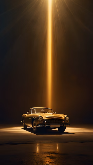 Golden Classic Car Under Dramatic Spotlight Beam - Free 4K & 8K Mobile Wallpaper