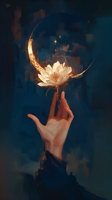 Golden Crescent Moon and Glowing Lotus Flower Painting - Free 4K & 8K Mobile Wallpaper