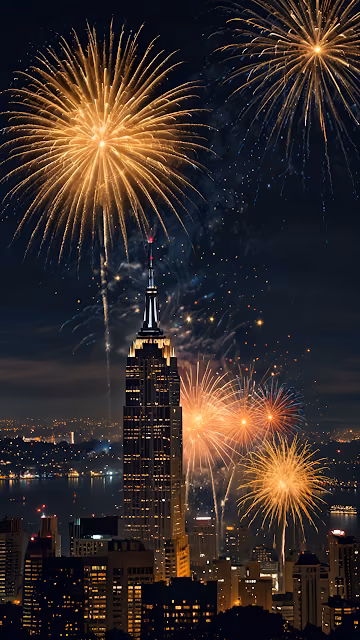 Golden Fireworks Illuminate Empire State Building at Night - Free 4K & 8K Mobile Wallpaper