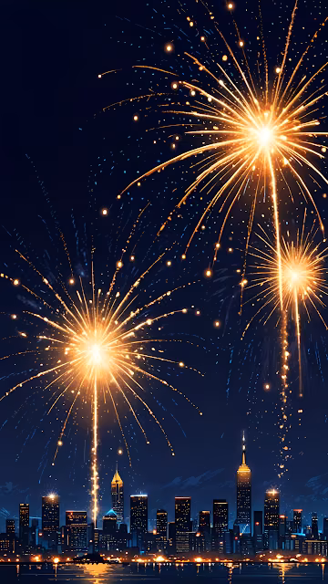 Golden Fireworks Light Up City Skyline at Night - Free 4K & 8K Mobile Wallpaper