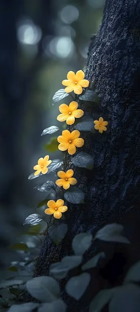 Golden Forest Bloom on Dark Bark Texture - Free 4K & 8K Mobile Wallpaper