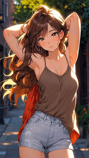 Golden Hour Anime Girl in Denim Shorts and Tank Top - Free 4K & 8K Mobile Wallpaper