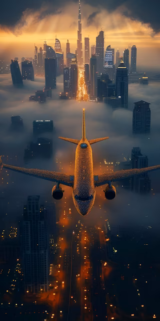 Golden Jet Flying Over Foggy Dubai Cityscape Sunset - Free 4K & 8K Mobile Wallpaper