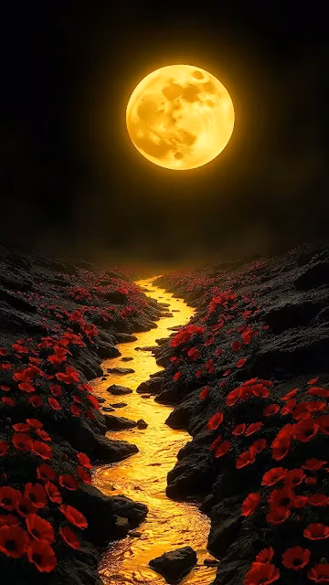 Golden River Through Red Poppies Under Full Moon - Free 4K & 8K Mobile Wallpaper