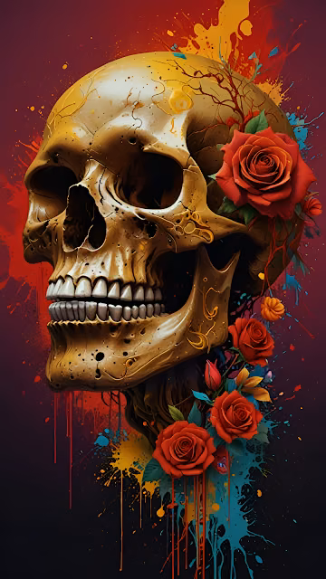 Golden Skull Profile with Red Roses and Paint Splatter - Free 4K & 8K Mobile Wallpaper